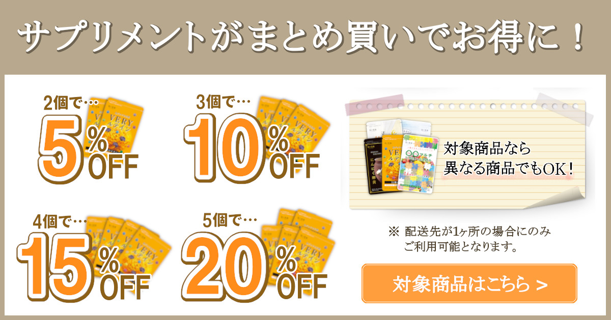 サプリメントが２個で5％、３個で10％、4個で15％、5個で20％OFFとまとめ買いでお得に！